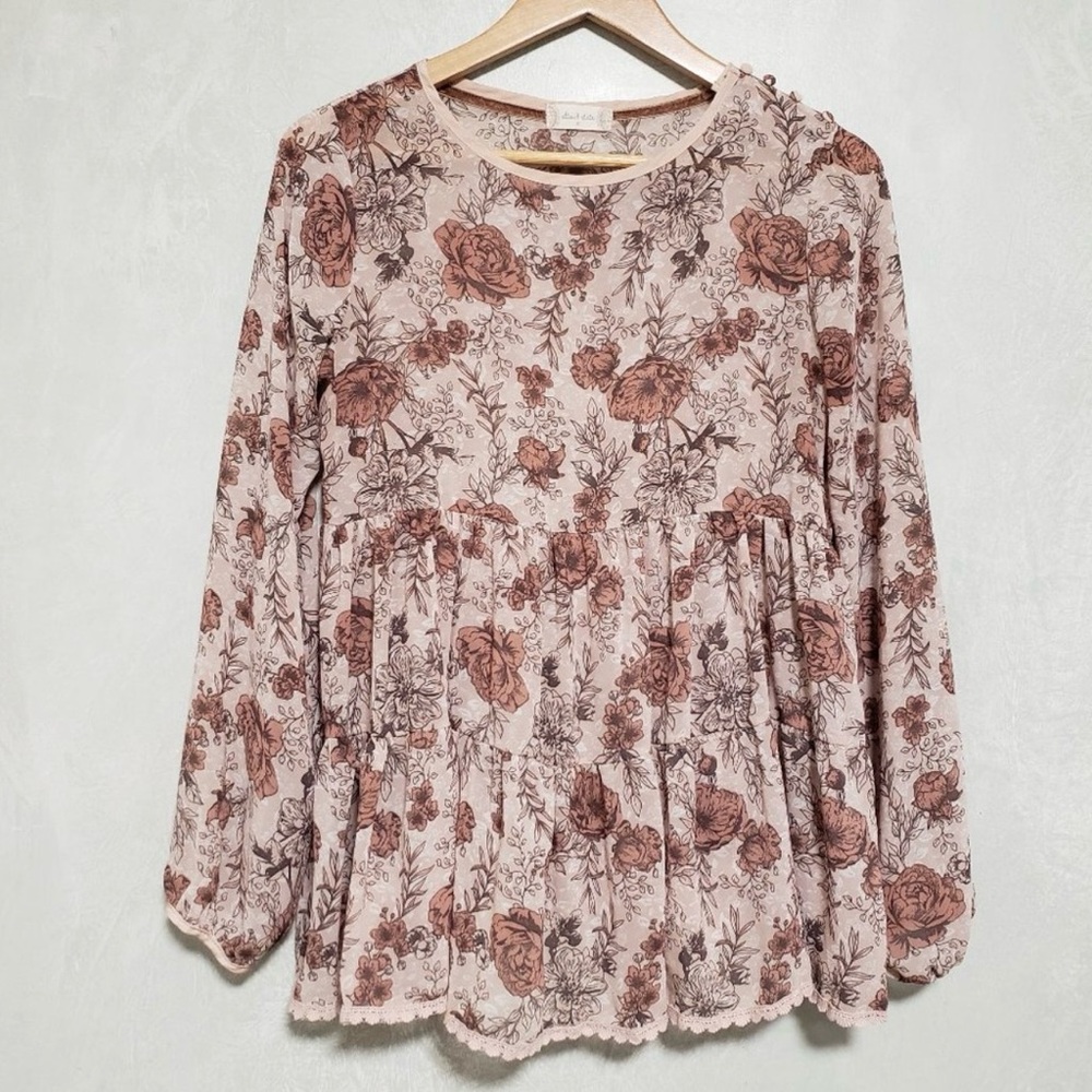 Altar’d State blouse light pink floral baby doll tiered peplum long slee…